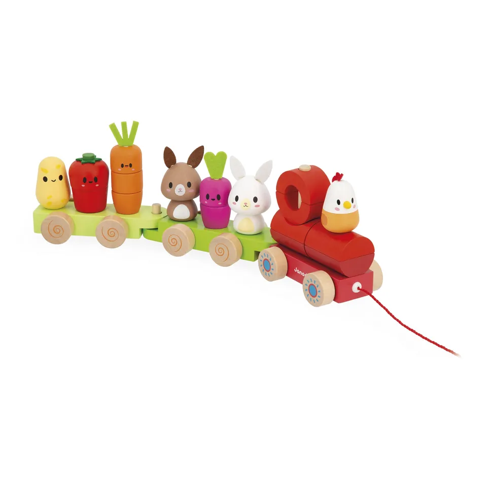 janod-holzzug-bauernhof-j03314-nachziehzug-mit-3-waggons-19-teile image 1