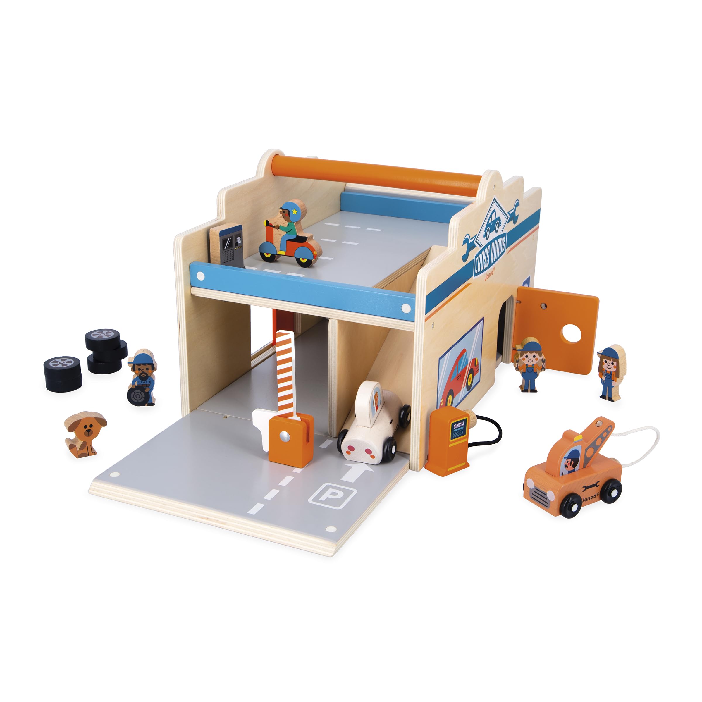 janod-meine-erste-garage-aus-holz-2-ebenen-mit-werkstatt-und-waschanlage-15-teil image 4