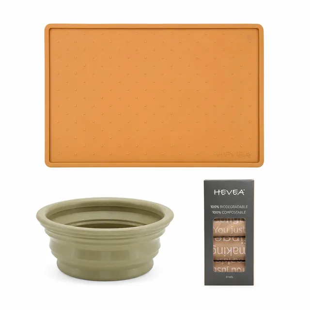 hevea-dog-everyday-essentials-set-3-teilig-futtermatte-falt-napf image 1