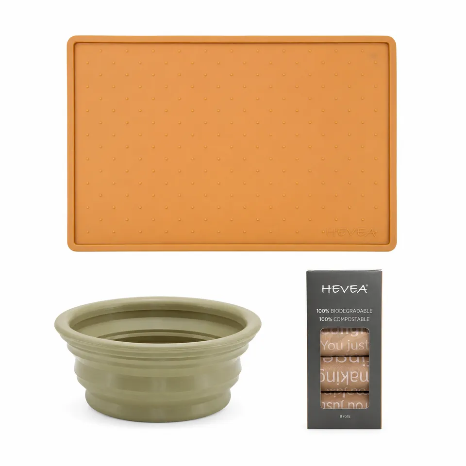 hevea-dog-everyday-essentials-set-3-teilig-futtermatte-falt-napf image 1