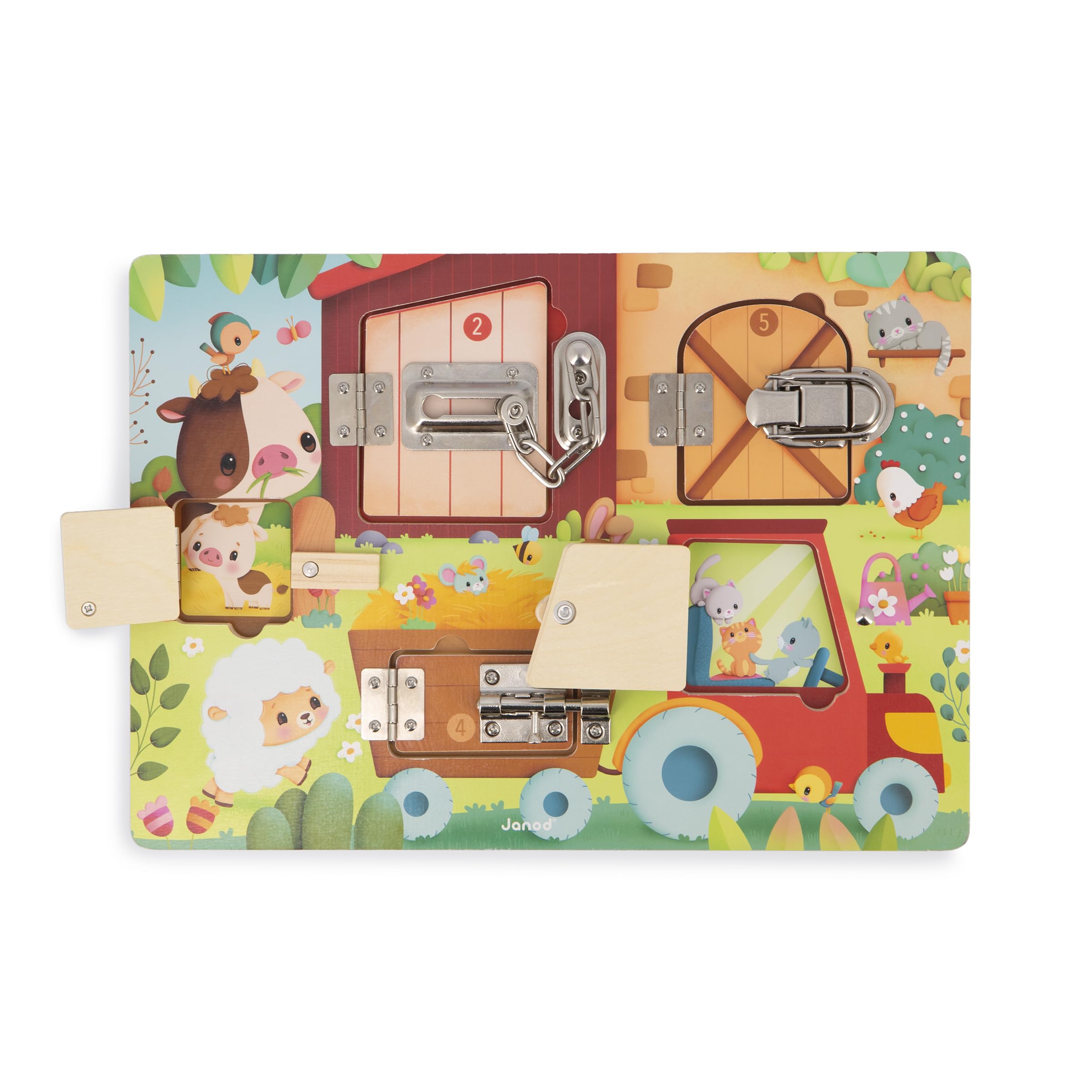 janod-bauernhof-busy-board-mit-5-schl-ssern-motorikbrett-holz-35-cm-ab-3-jahren image 2