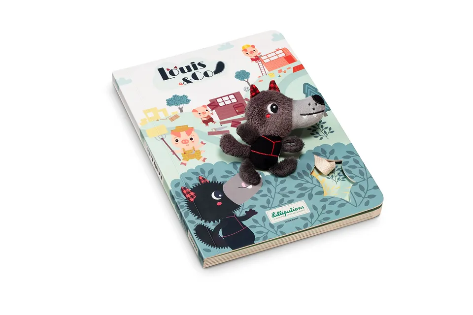 lilliputiens-aufklappbuch-mit-stoffpuppe-wolf-und-drei-kleine-schweinchen-83410 image 1