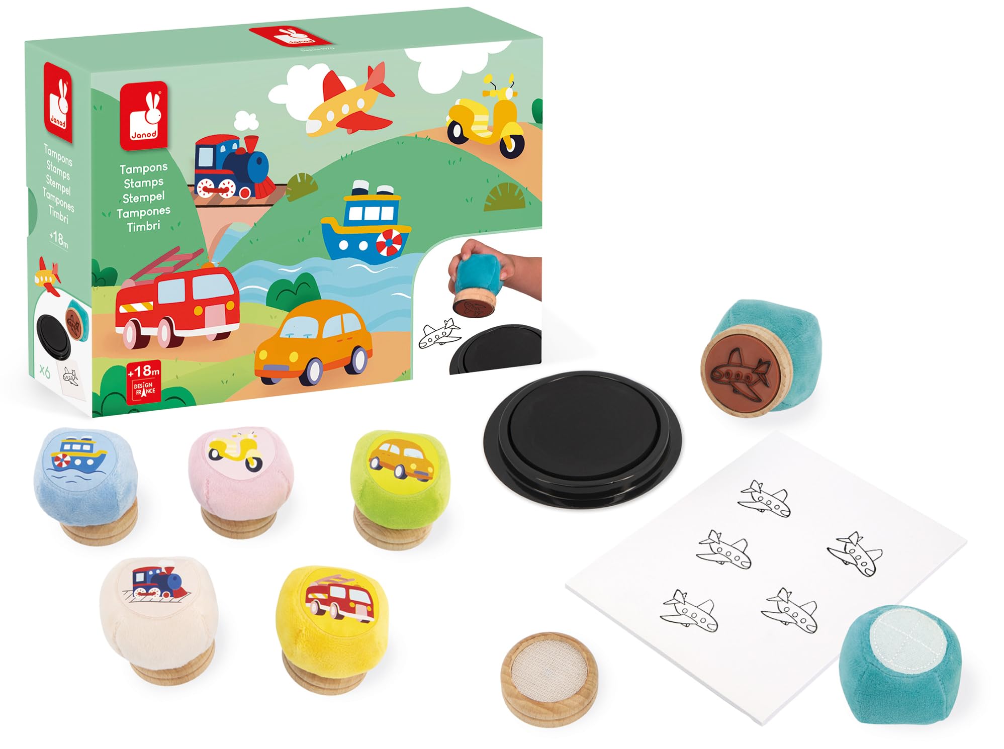 janod-stoff-stempelset-fahrzeuge-j07715-6-stempel-kissen-block-ab-18-monaten image 1
