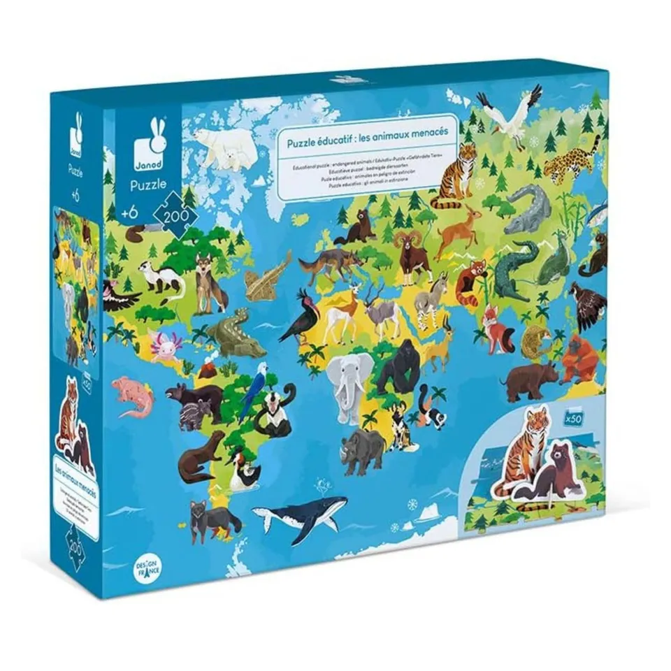 janod-lernpuzzle-bedrohte-tiere-j02676-200-teile-weltkarte-50-3d-tiere-ab-6-jahr image 1