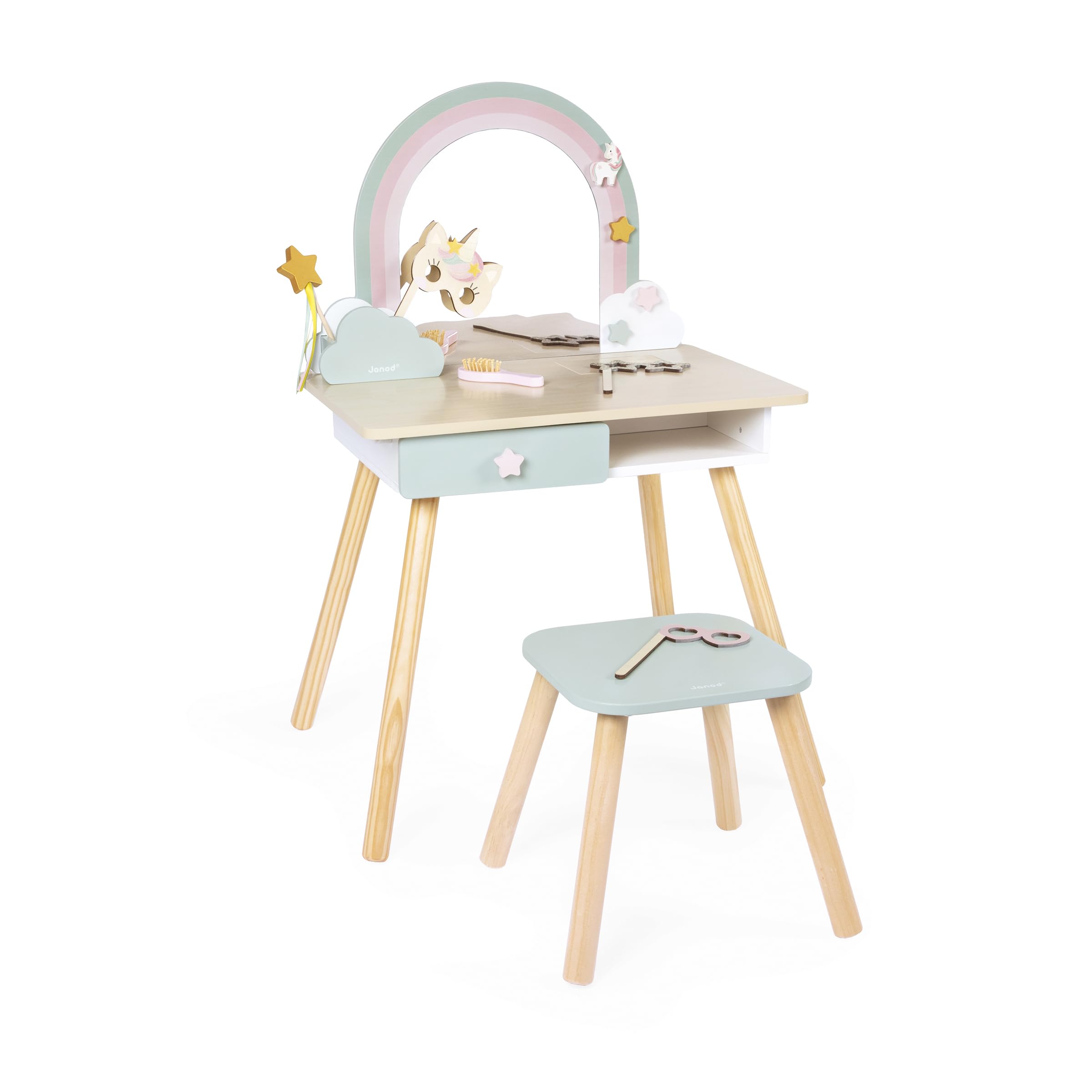 janod-einhorn-frisiertisch-f-r-kinder-mit-spiegel-hocker-und-10-zubeh-r-j06464 image 1