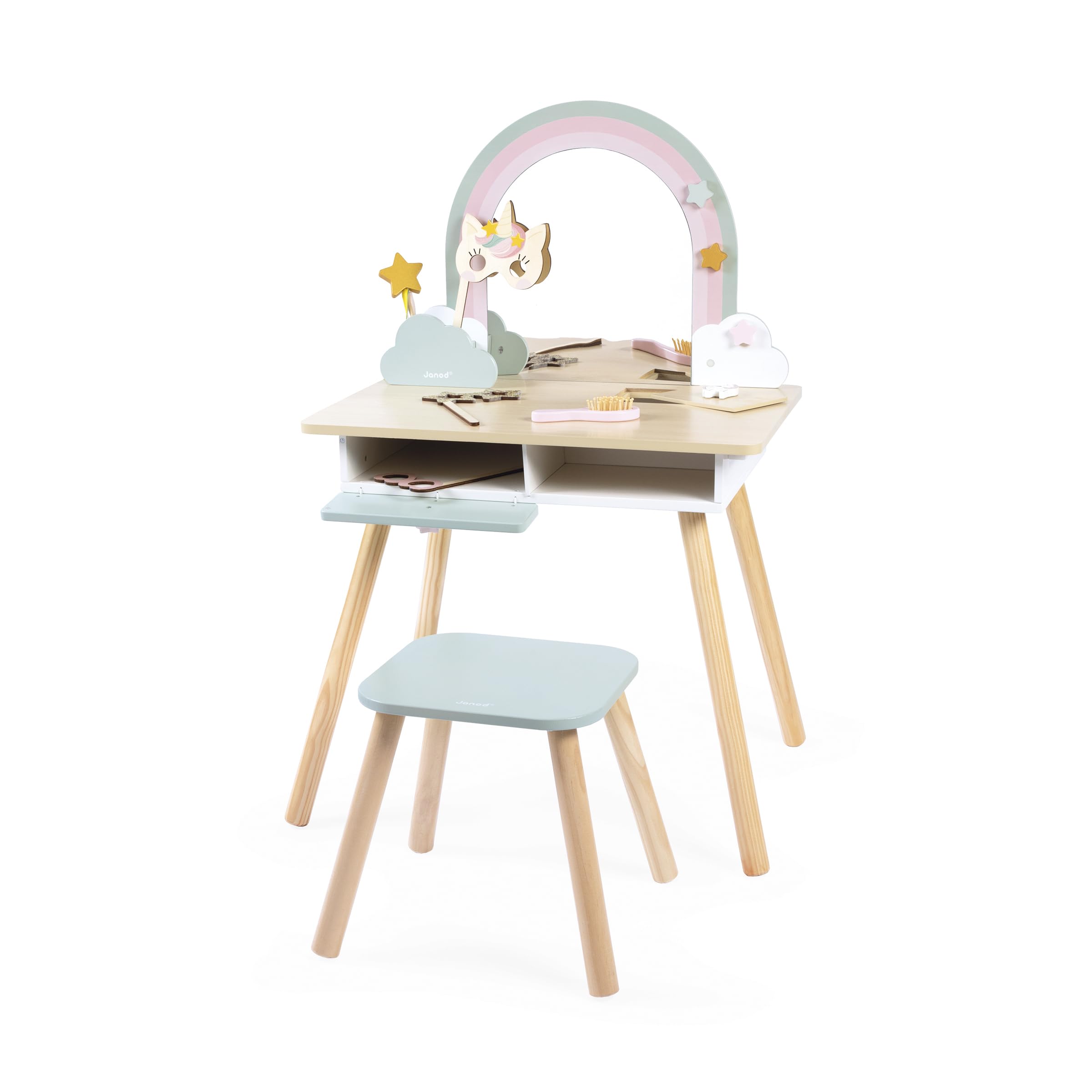 janod-einhorn-frisiertisch-f-r-kinder-mit-spiegel-hocker-und-10-zubeh-r-j06464 image 2