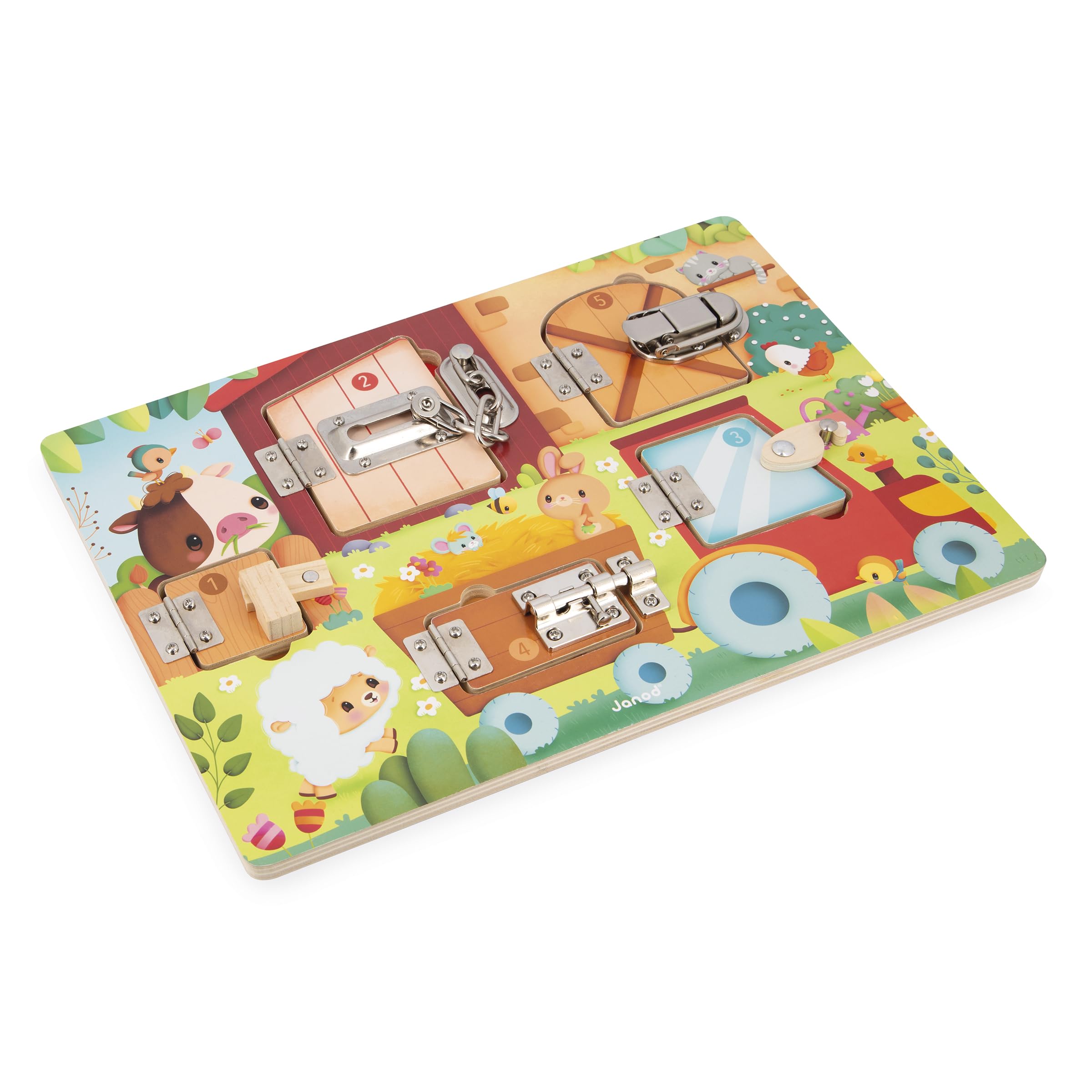 janod-bauernhof-busy-board-mit-5-schl-ssern-motorikbrett-holz-35-cm-ab-3-jahren image 4