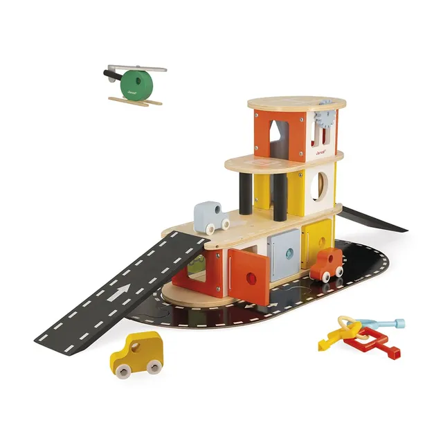 janod-bolid-parkhaus-aus-massivholz-mit-3-autos-helikopter image 1