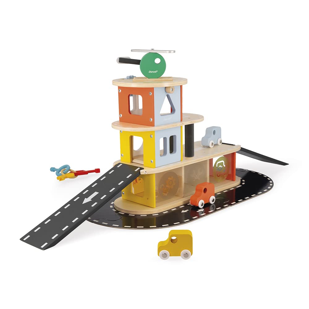 janod-bolid-parkhaus-aus-massivholz-mit-3-autos-helikopter image 6