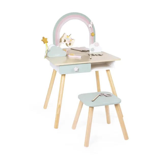 janod-einhorn-frisiertisch-f-r-kinder-mit-spiegel-hocker-und-10-zubeh-r-j06464 image 1