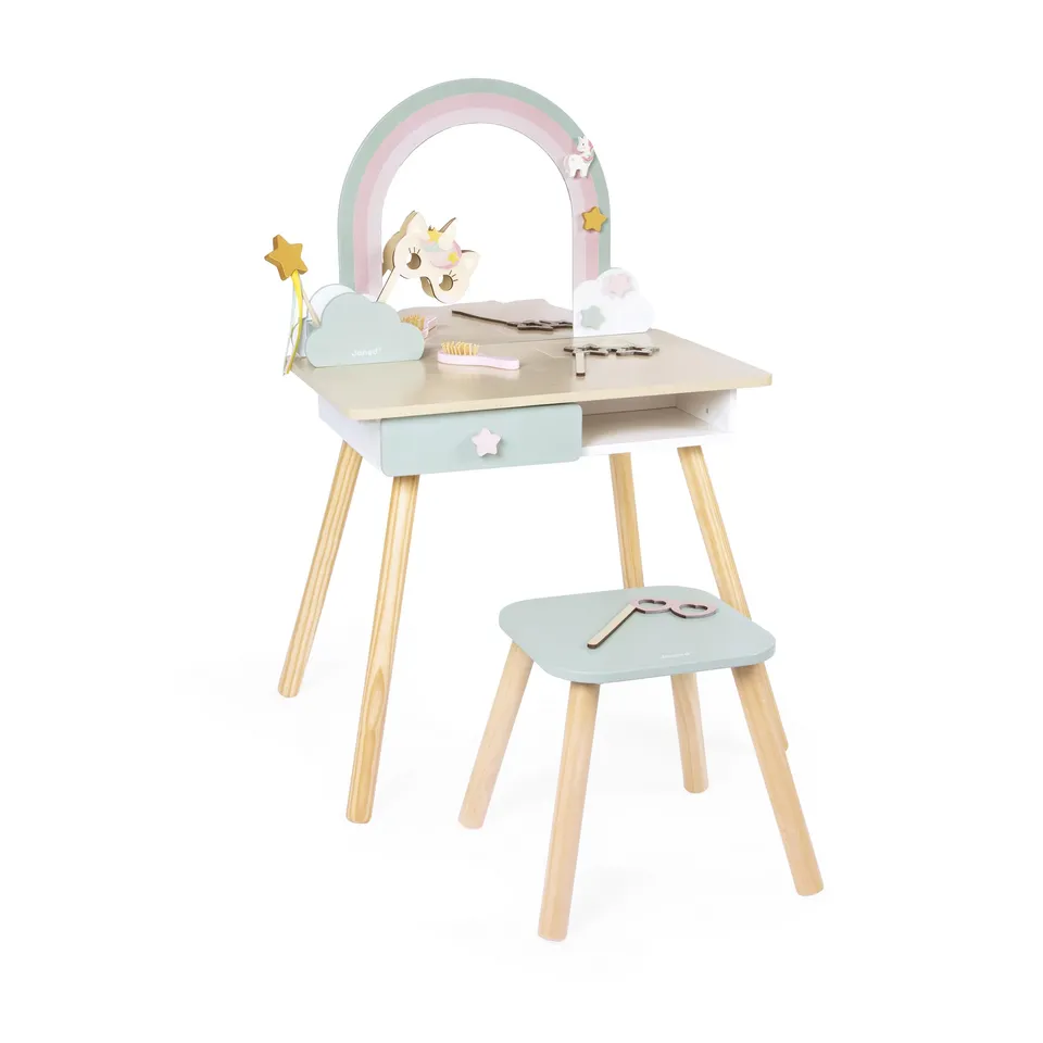 janod-einhorn-frisiertisch-f-r-kinder-mit-spiegel-hocker-und-10-zubeh-r-j06464 image 1