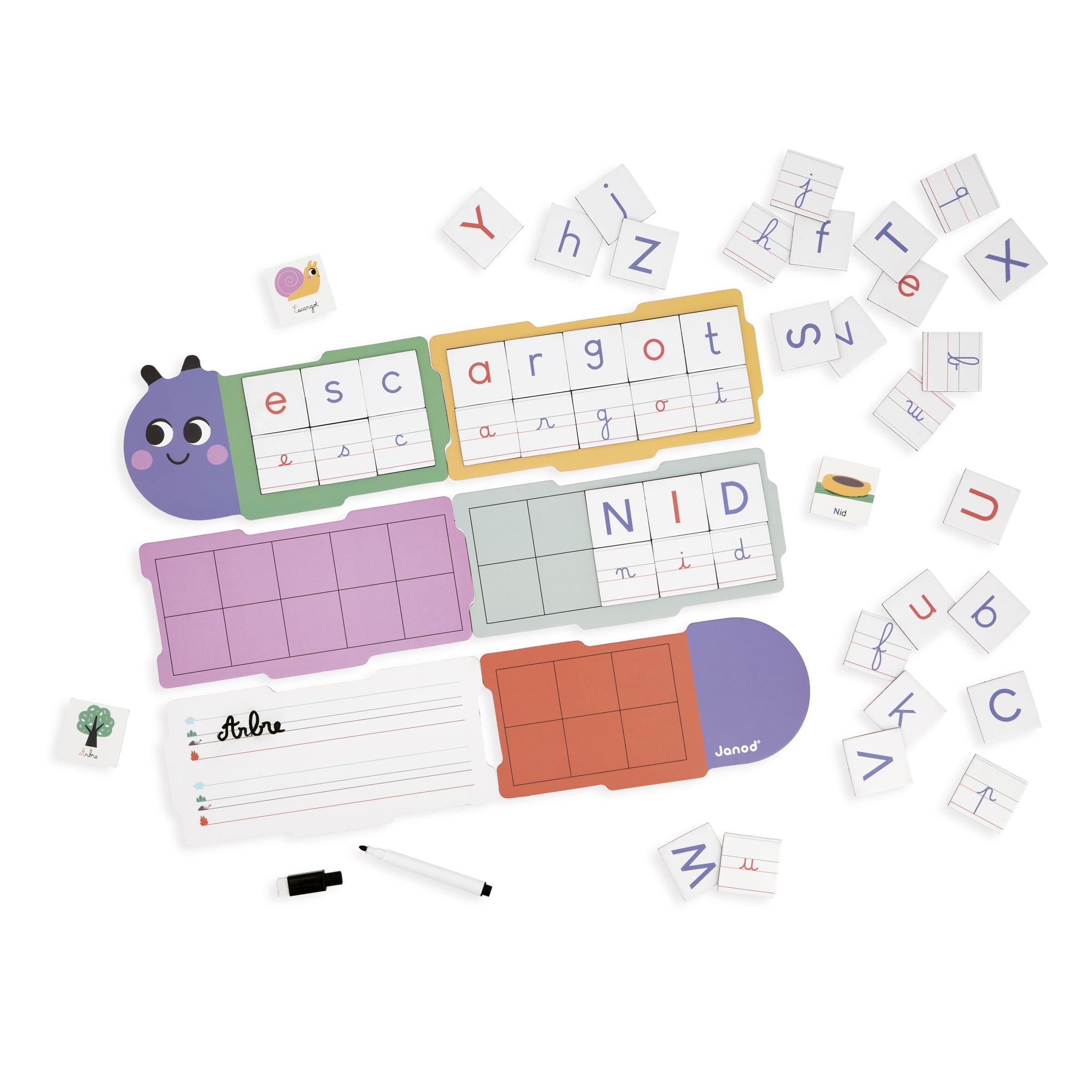 janod-schreiben-lernen-raupe-alphabet-6-tafeln-78-magnetbuchstaben-j05092 image 2