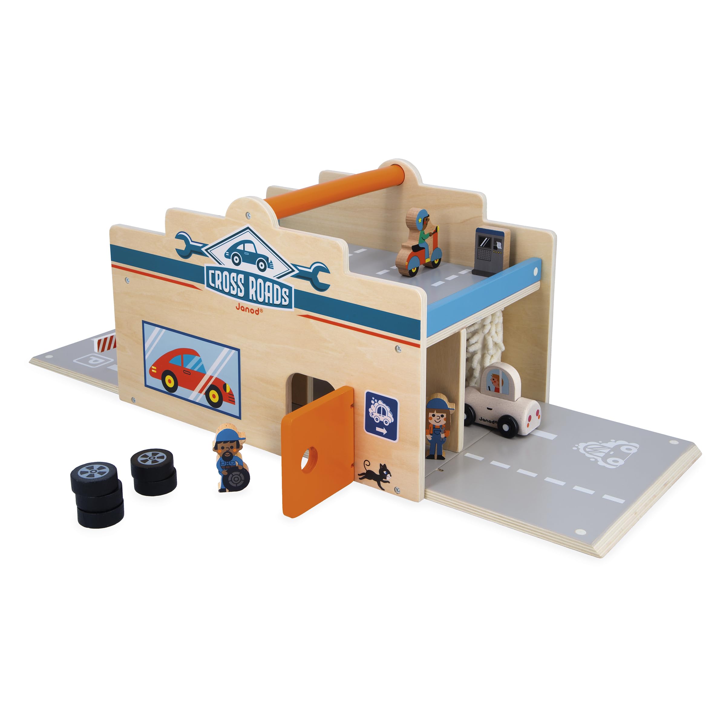 janod-meine-erste-garage-aus-holz-2-ebenen-mit-werkstatt-und-waschanlage-15-teil image 2