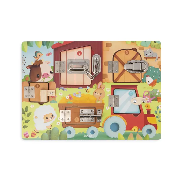 janod-bauernhof-busy-board-mit-5-schl-ssern-motorikbrett-holz-35-cm-ab-3-jahren image 1