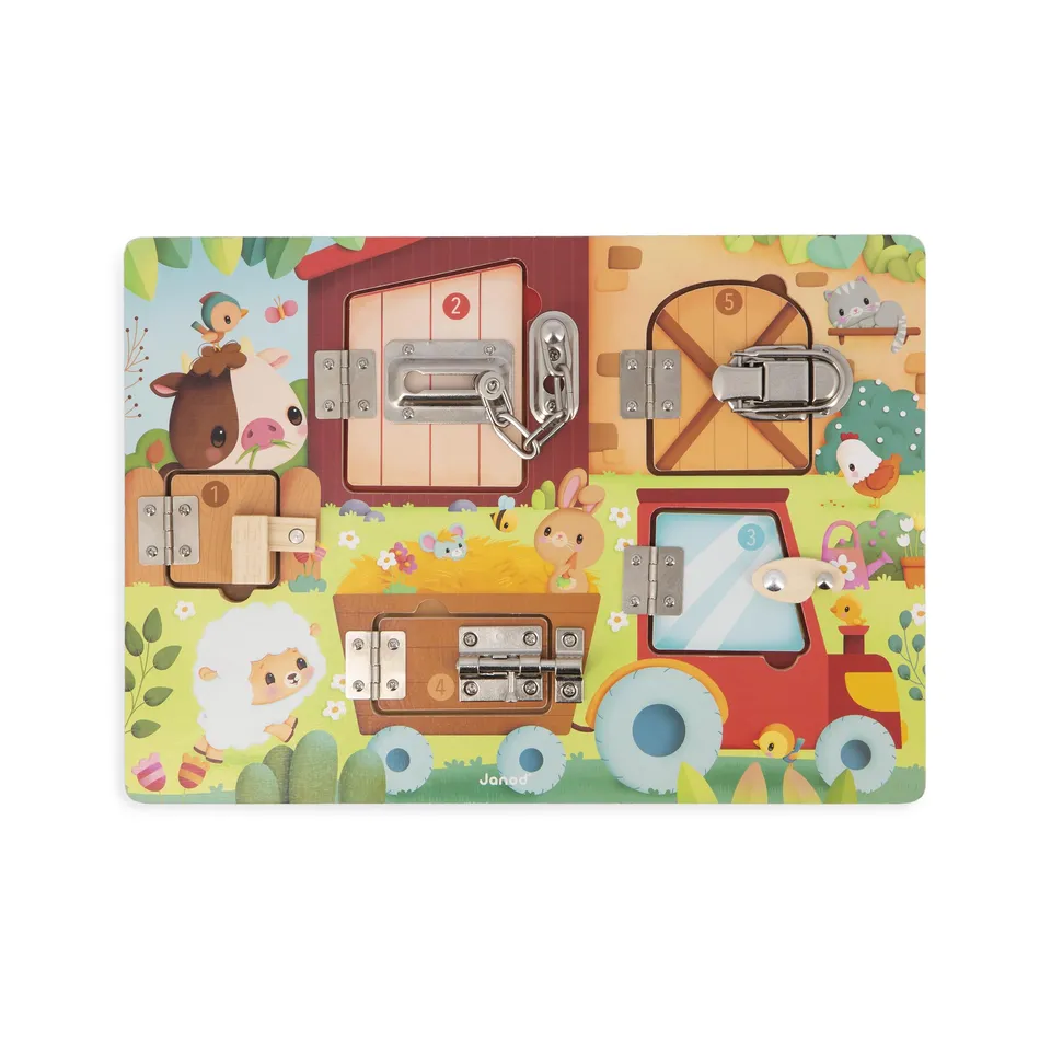 janod-bauernhof-busy-board-mit-5-schl-ssern-motorikbrett-holz-35-cm-ab-3-jahren image 1