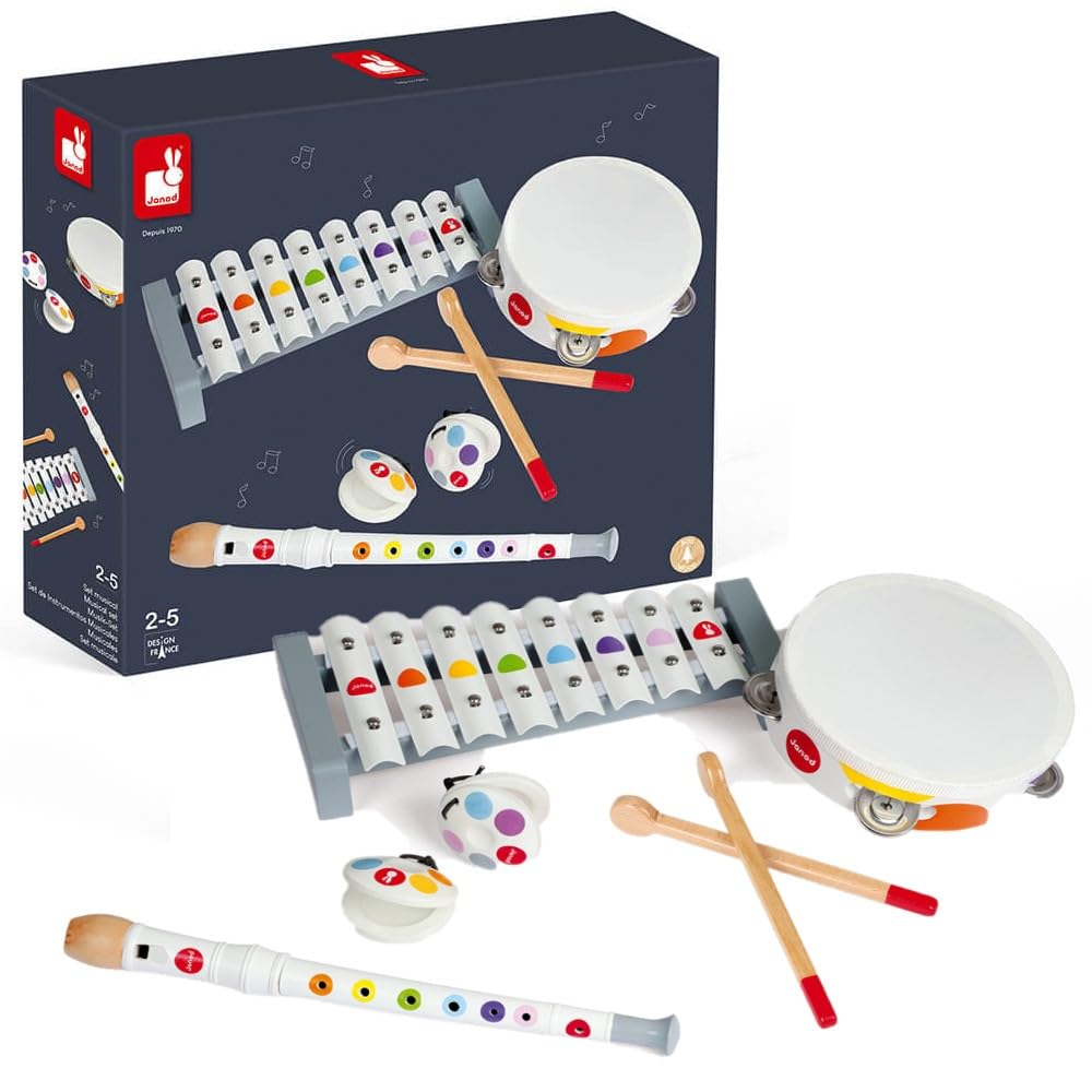janod-confetti-holz-musikset-4-instrumente-xylofon-tamburin-fl-te-ab-2-jahre image 1