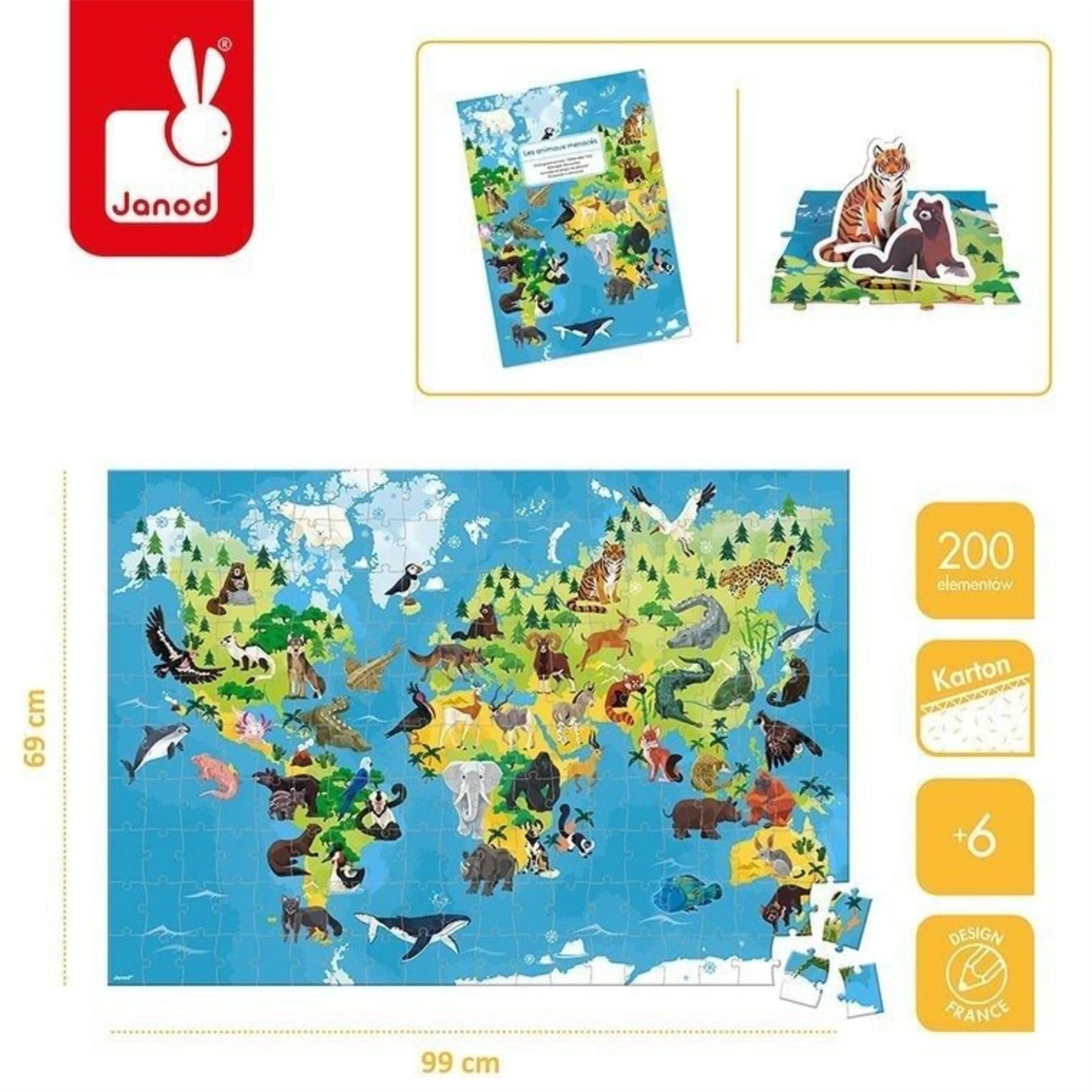janod-lernpuzzle-bedrohte-tiere-j02676-200-teile-weltkarte-50-3d-tiere-ab-6-jahr image 3