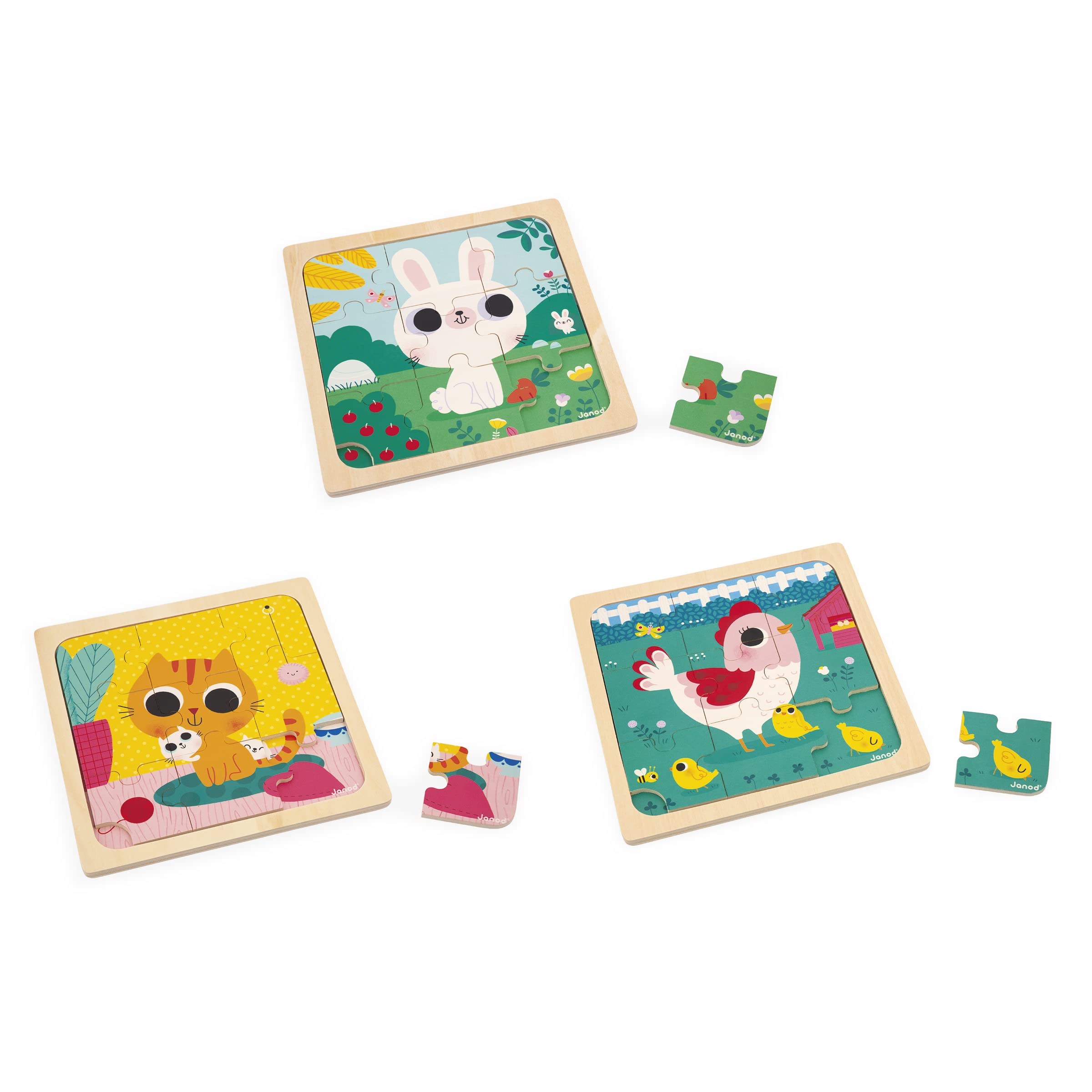 janod-3-holzpuzzle-9-teilig-huhn-katze-hase-j07113 image 1