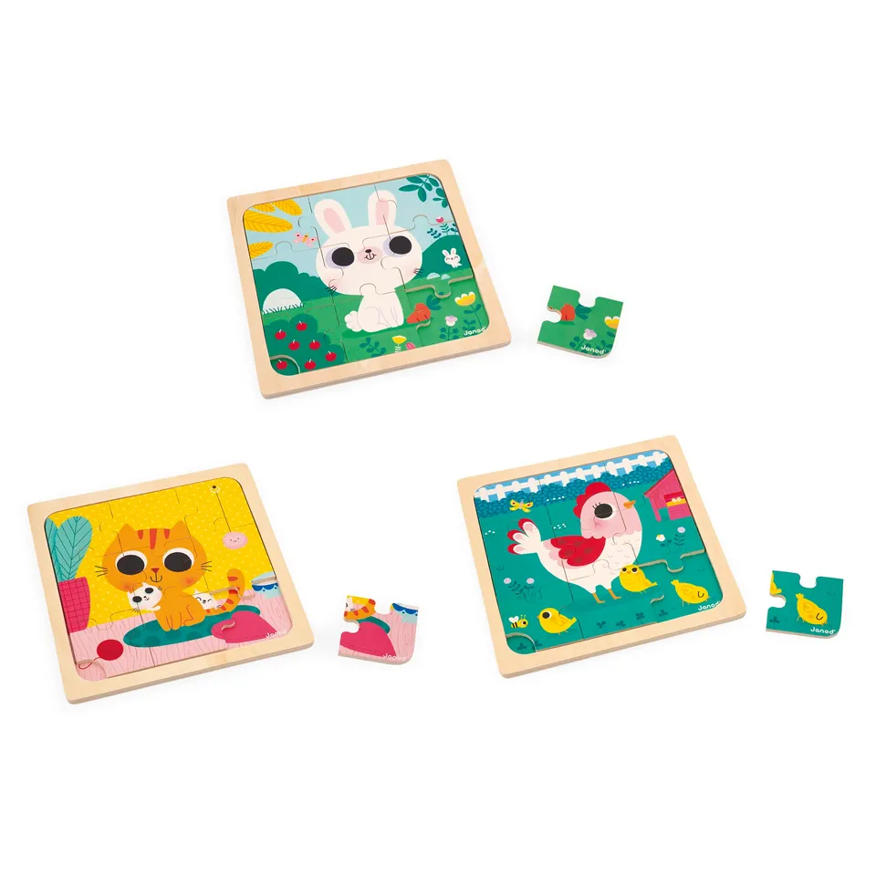 janod-3-holzpuzzle-9-teilig-huhn-katze-hase-j07113 image 1
