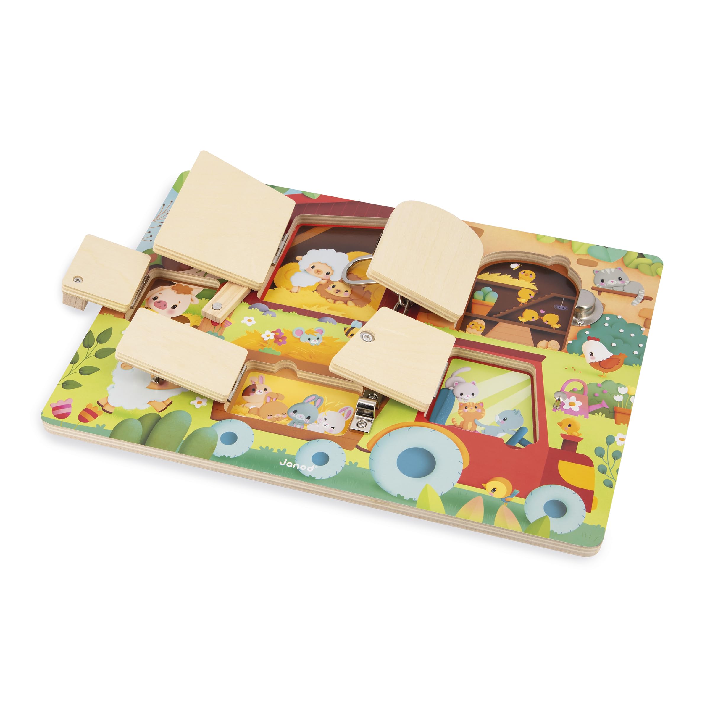 janod-bauernhof-busy-board-mit-5-schl-ssern-motorikbrett-holz-35-cm-ab-3-jahren image 3