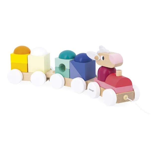 janod-holz-nachziehzug-schaf-2-in-1-lok-2-waggons-mit-15-baukl-tzen-ab-12-monate image 1
